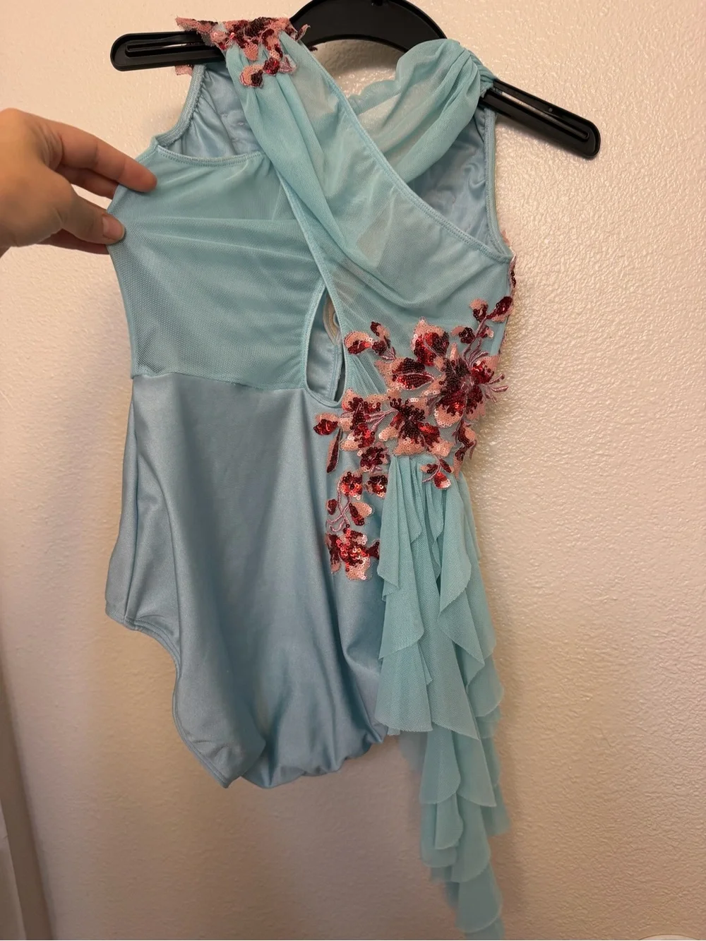 Glamour solo dance costume aqua blue lyrical contemporary mesh dress SA